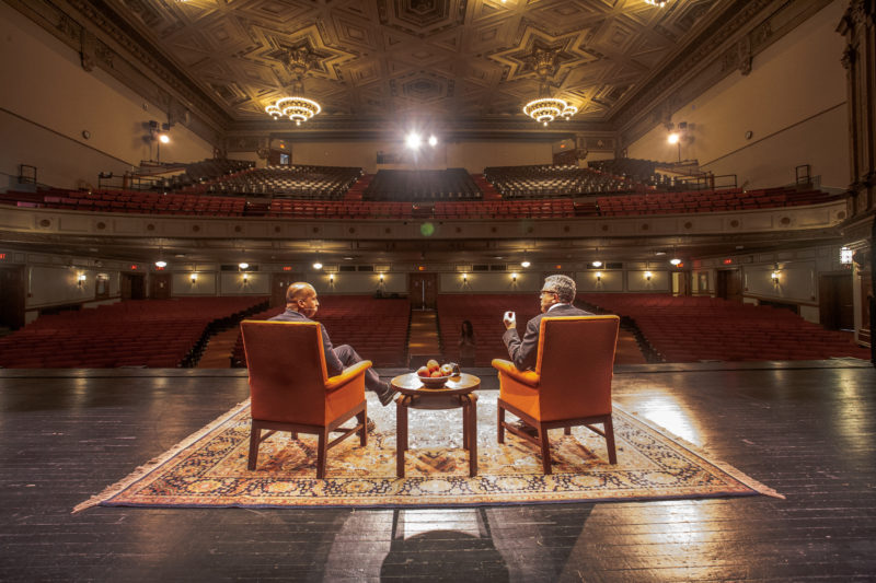 Bryan Stevenson and Jeffrey Toobin doing soundcheck onstage before a show
